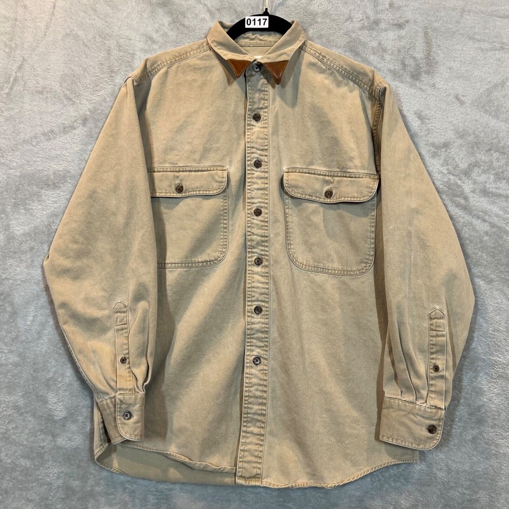 Vintage 80's Banana Republic Safari Shirt Mens‎ Small Khaki Leather Tips UNISEX